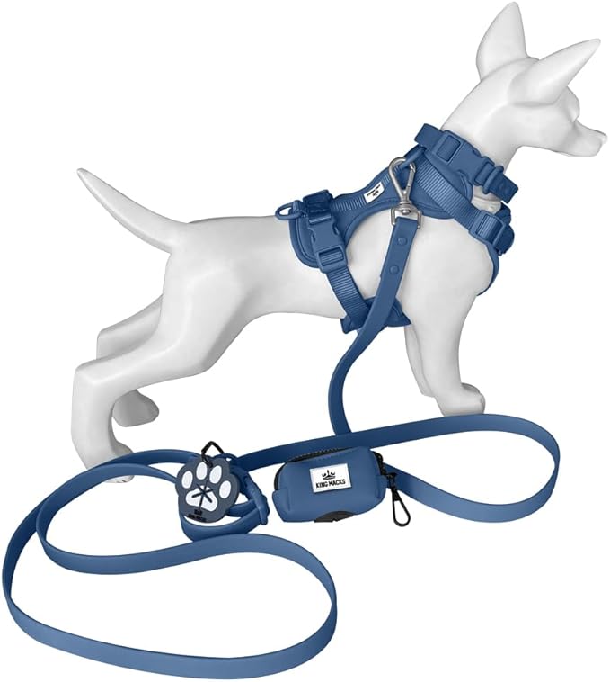 King Macks Dog Harness Set with Collar and Leash, Waste Bag Holder and Dirty Waste Bag Clip, Adjustable for Small/Medium/Large Dogs, Lightweight (Navy Blue, Small)