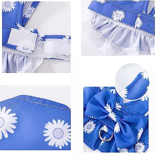 Dog Harness Dress for Small Dog Daisy Floral Dog Harness and Leash Set Bow Knot Girl Puppy Princess Skirt with D-Ring Mesh Summer Pet Clothes for Cat Dogs(Blue, X-Small)