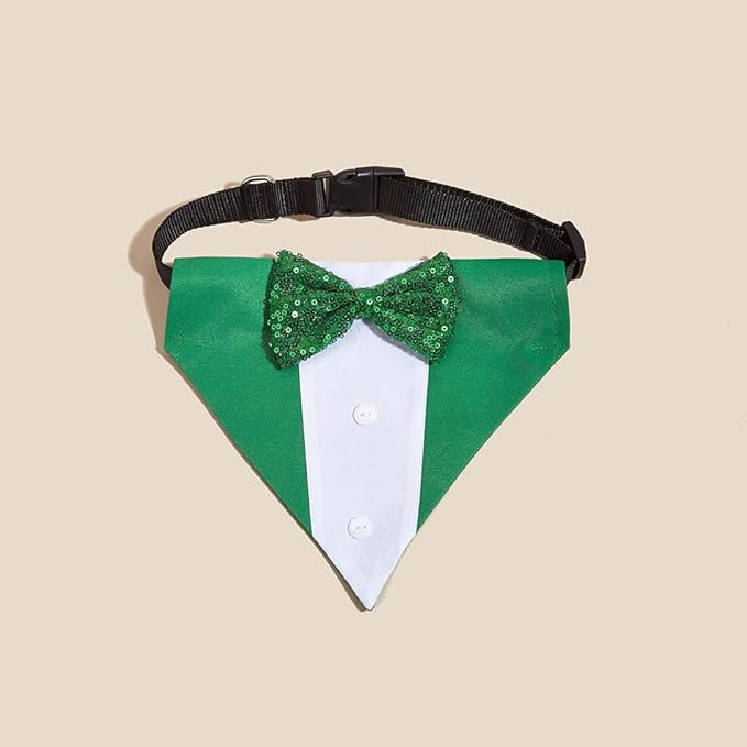 Dog Tuxedo Collar for Wedding Engagement Birthday St. Patrick's Day, Formal Bandana Collar Costume with Bow Tie and Adjustable Buckle,Suitable for Small Pup. (Green, S)