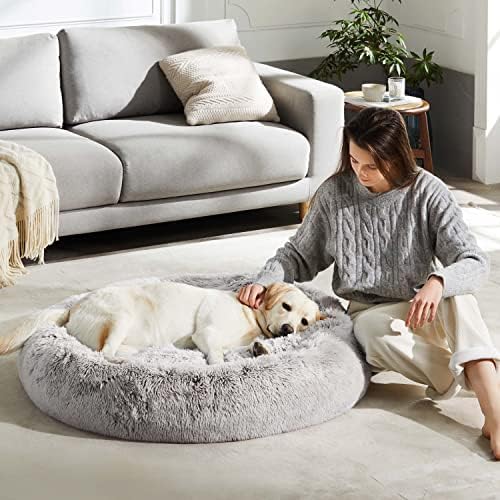 WESTERN HOME WH Calming Dog & Cat Donut Cuddler, Anti-Anxiety Warming Cozy Soft Round Bed, Fluffy Faux Fur Plush Cushion for Small Medium Dogs and Cats