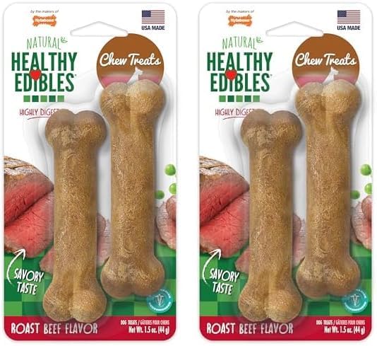 Nylabone Healthy Edibles Natural Dog Chews Long Lasting Roast Beef Flavor Treats for Dogs, X-Small/Petite (2 Count) (Pack of 2)