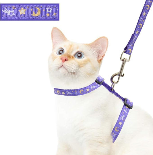 Cat Harness and Leash Set for Outdoor Walking Escape Proof Adjustable Soft Safety Strap with Golden Star and Moon Design Glow in The Dark Purple Large