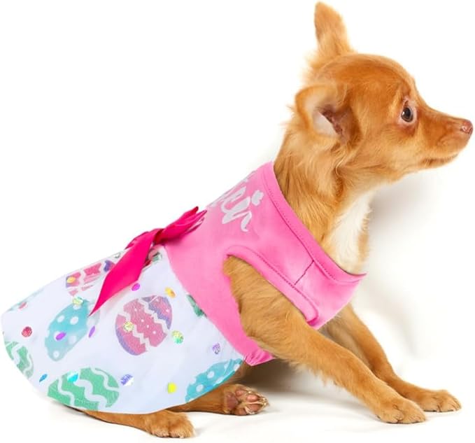 Cute Happy Easter Day Dog Dress Bunny Eggs Easter Dog Cat Clothes Pink Tulle Pet Doggie Apparel Outfit with Bowknot for Small Dogs Puppy Cat Girl Costume