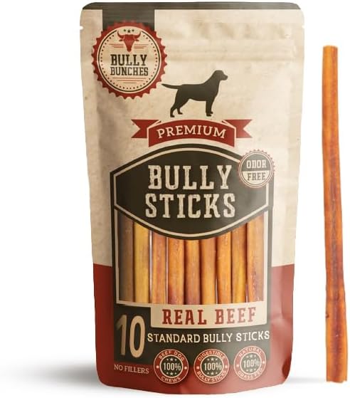 Bully Bunches Premium 12 Inch Thick Odor-Free Bully Sticks for Medium & Large Dogs - Long Lasting Chews for Oral Care - All Natural & Single Ingredient, 100% Beef Dog Treat, Rawhide Free (10 Pk)