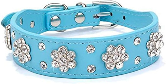 Cute Flower Rhinestone Dog Collar, Bling Collar PU Leather, Adjustable Sizes S (8-10.5 inch / 21-27cm), M (10-12.5 inch / 26-32cm), L (12-14.5 inch / 31-37cm), Blue