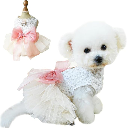 White Small Dog Wedding Dress with D-Ring, Bow Knot Puppy Clothes for Small Dog Girl,Cat Birthday Outfit, Pet Party Dress for Kitten Chihuahua Yorkie Pomeranian (White, Medium)