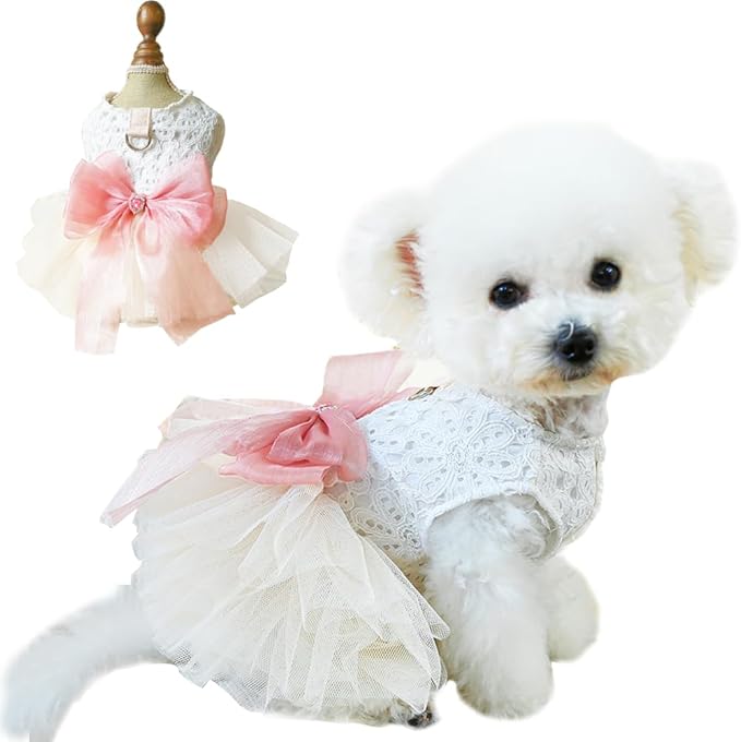 White Small Dog Wedding Dress with D-Ring, Bow Knot Puppy Clothes for Small Dog Girl,Cat Birthday Outfit, Pet Party Dress for Kitten Chihuahua Yorkie Pomeranian(White, Large)