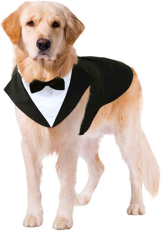 Kuoser Dog Tuxedo Dog Suit and Bandana Set, Dogs Tuxedo Wedding Party Suit, Doggy Prince Bow Tie Shirt Formal Pet Wedding Attire for Large Medium and Small Dogs Golden Retriever Samo Bulldogs