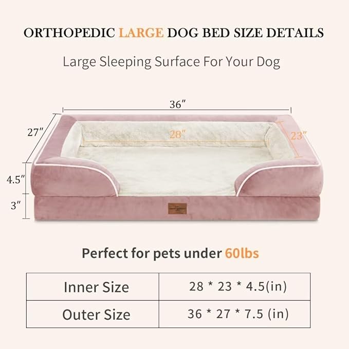 Comfort Expression Large Dog Beds Waterproof Orthopedic Foam Dog Beds for Large Dogs Sofa Comfy Pet Bed with Non-Slip Bottom & Washable Removable Cover(Pink)