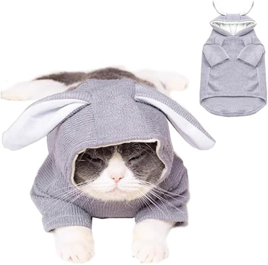 ANIAC Pet Hoodie Cat Rabbit Outfit with Bunny Ears Cute Sweatshirt Spring and Autumn Puppy Knitted Sweater Kitty Soft Knitwear (XXL-Large, Grey)