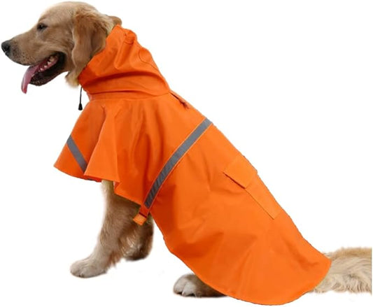 Adjustable Large Dog Raincoat with Strip Reflective - Waterproof Pet Rain Jacket Hoodie Poncho,for Large and Medium Dogs (Orange,XL)