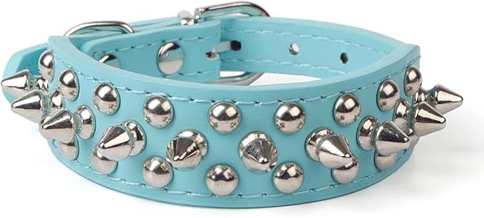 Spiked Dog Collar, Mushrooms Rivet Spike Anti-Bite Studded Protective Pet Neck Pu Leather Puppy Collars for XXS XS Small Medium Large Boy Dogs Male Cats Goat, Light-Blue XL
