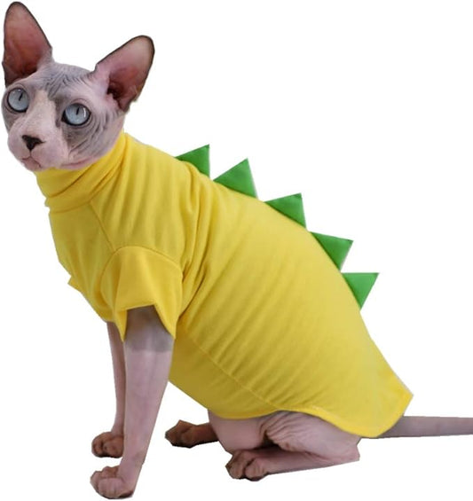 Dinosaur Design Sphynx Hairless Cat Clothes Cute Breathable Summer Cotton Shirts Cat Costume Pet Clothes,Round Collar Kitten T-Shirts with Sleeves, Cats & Small Dogs Apparel (XL (9-12 lbs), Yellow)