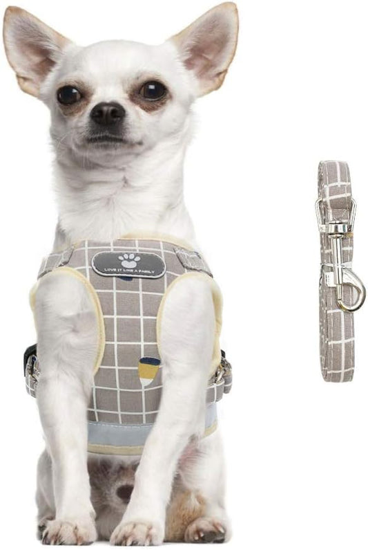 FEimaX Soft Mesh Dog Harness and Leash Set for Walking, No Pull Adjustable Reflective Puppy Step-in Vest Harness for Puppy Small Medium Dogs & Cats (M (Chest 13.7-15.7''/35-40CM), Plaid Khaki)