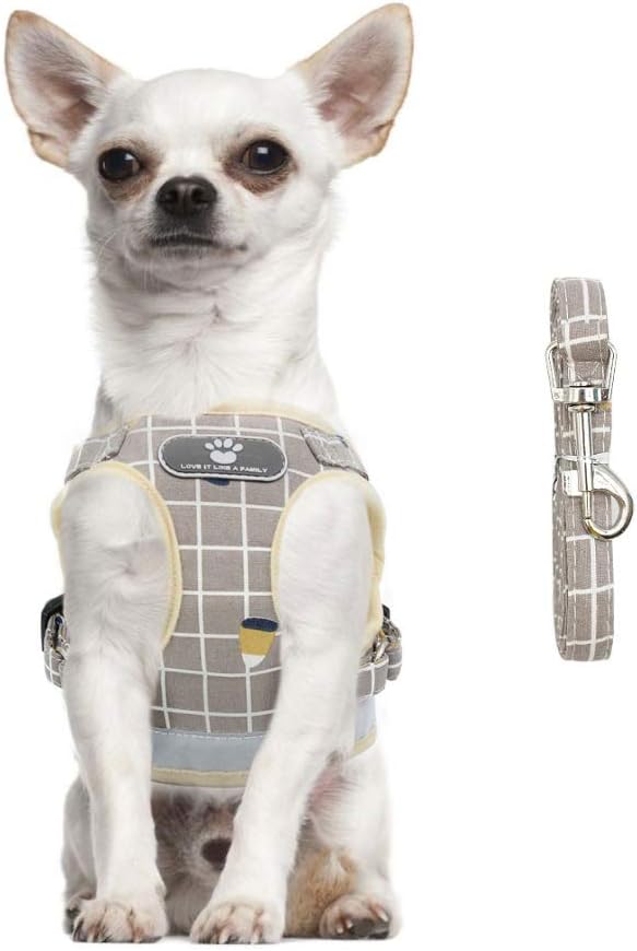FEimaX Soft Mesh Dog Harness and Leash Set for Walking, No Pull Adjustable Reflective Puppy Step-in Vest Harness for Puppy Small Medium Dogs & Cats (L (Chest 16.1-18.1''/41-46CM), Plaid Khaki)