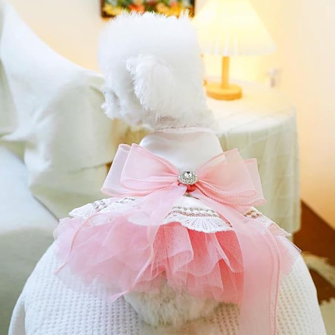 Pink Bow Tie Dog Dress for Small Dogs Girl Puppy Clothes with D-Ring Holiday Cat Harness Dresses Pet Party Outfit for Wedding Birthday Engagement Valentines (Pink Bow, X-Large)