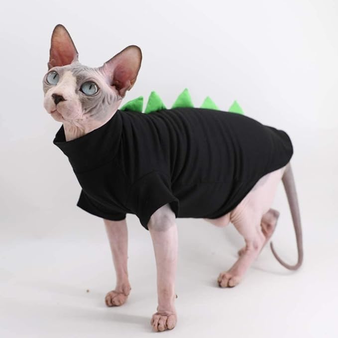 Dinosaur Design Sphynx Hairless Cat Clothes Cute Breathable Summer Cotton Shirts Cat Costume Pet Clothes,Round Collar Kitten T-Shirts with Sleeves, Cats & Small Dogs Apparel (L (7-8.8 lbs), Black)