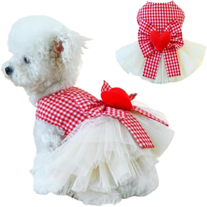 Plaid Small Dog Dress with Leash Ring Valentines Cat Outfit Dog Tutu Princess Holiday Puppy Clothes with Bow Knot and Heart Pet Apparel for Kitten Chihuahua Yorkie (Red, X-Large)
