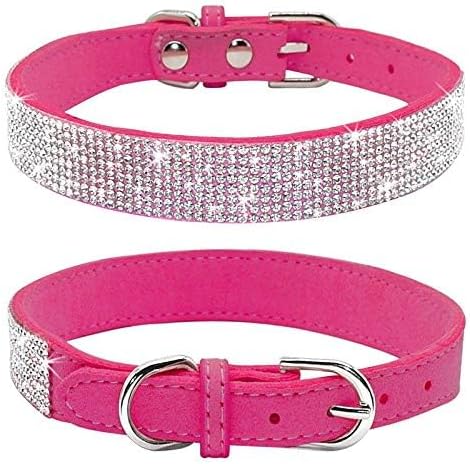 Rhinestone Dog Collar, Cute Dazzling Sparkling Soft Suede Leather Dog Cat Rhinestone Collar Crystal Diamond Pet Dog Puppy Collar(Hot Pink,L 38-46 cm)