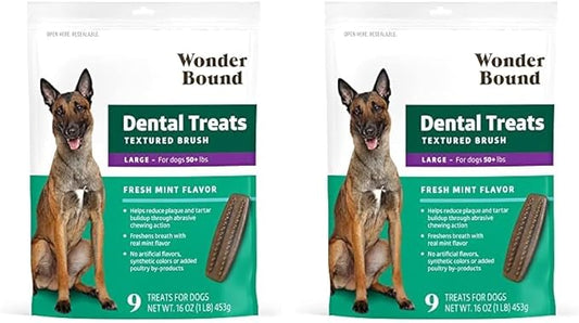 Amazon Brand - Wonder Bound Dog Dental Treats for Large Dogs (Over 50 lbs), Fresh Mint Flavor, Made with Real Chicken, Freshens Breath, Controls Plaque & Tartar, 9 Count (Pack of 2)