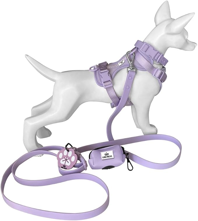 King Macks Dog Harness Set with Collar and Leash, Waste Bag Holder and Dirty Waste Bag Clip, Adjustable for Small/Medium/Large Dogs, Lightweight (Lavender, Large)