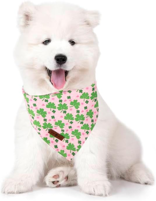 Lionet Paws St. Patrick 2pcs Dog Bandanas, Green Clover Dog Scarf Bib Premium Fabric, Happy St. Patrick Pink Bandanas for Medium Large Dogs Pets