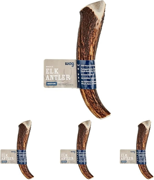 Amazon Brand - Wag Dog Elk Antler Chew, Naturally Shed, Whole, Medium 6-7.5 inches (Best for Dogs 15-30 lbs), 2.90 Ounce (Pack of 4)