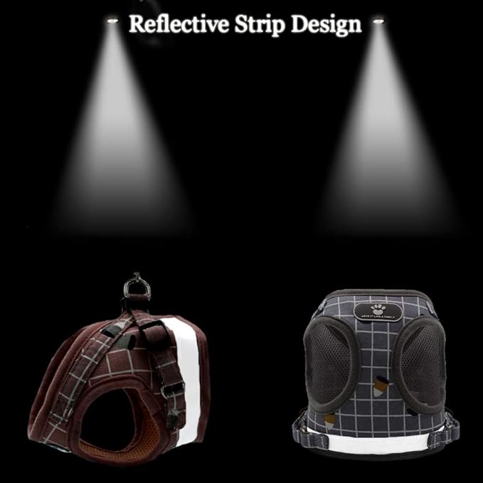 FEimaX Soft Mesh Dog Harness and Leash Set for Walking, No Pull Adjustable Reflective Puppy Step-in Vest Harness for Puppy Small Medium Dogs & Cats (L (Chest 16.1-18.1''/41-46CM), Plaid Grey)