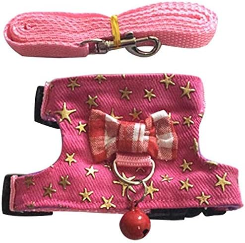 Small Animal Collar Leash Harness with Cute Bows and Bells Comfortable Durable Adjustable Suitable for Rabbit Guinea Pig Chinchilla Ferret Kitten Hamster Squirrel (Small,Pink Star)