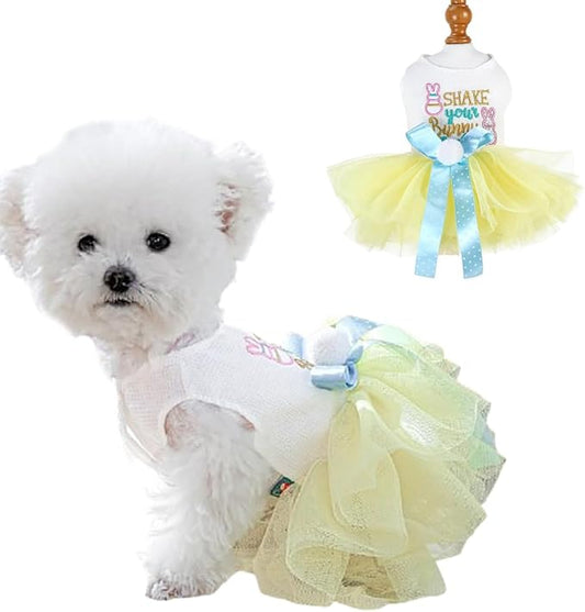 Dog Easter Outfit with Embroidered Bunny Patterns and Cute Pompom Holiday Puppy Dress Bow Small Dog Tutu Cat Apparel Fancy Pet Clothes,Yellow,Blue,White (Yellow, X-Small)