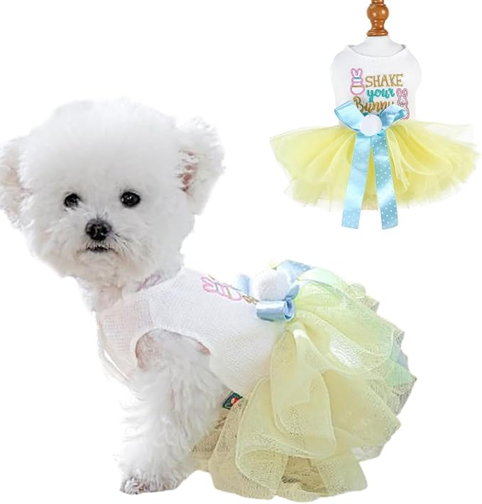 Dog Easter Outfit with Embroidered Bunny Patterns and Cute Pompom Holiday Puppy Dress Bow Small Dog Tutu Cat Apparel Fancy Pet Clothes,Yellow,Blue,White (Yellow, Small)