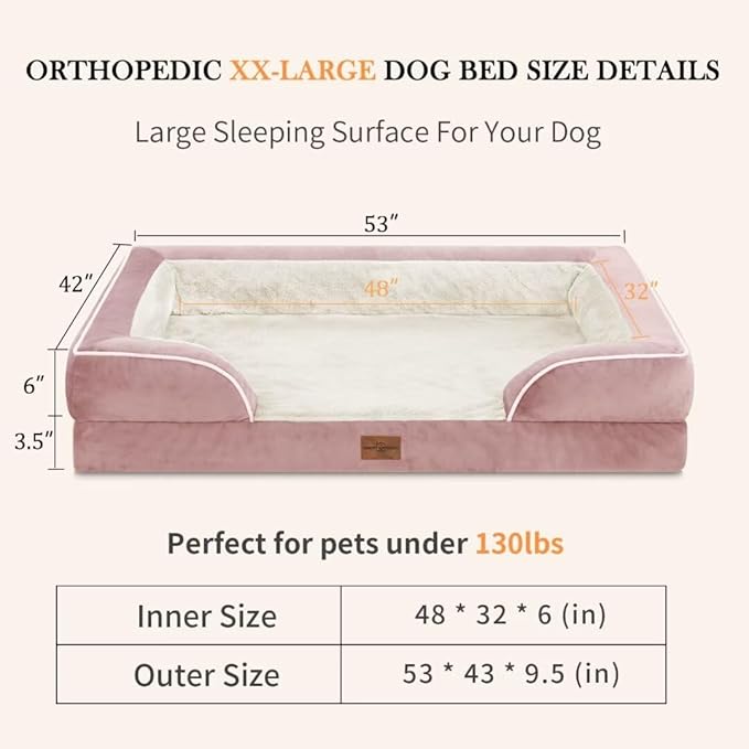 Comfort Expression XXL Orthopedic Dog Beds, Waterproof Orthopedic Foam Extra Large Dog Beds, Washable Pet Sofa Couch with Removable Cover & Non-Slip Bottom(XX-Large,Pink)