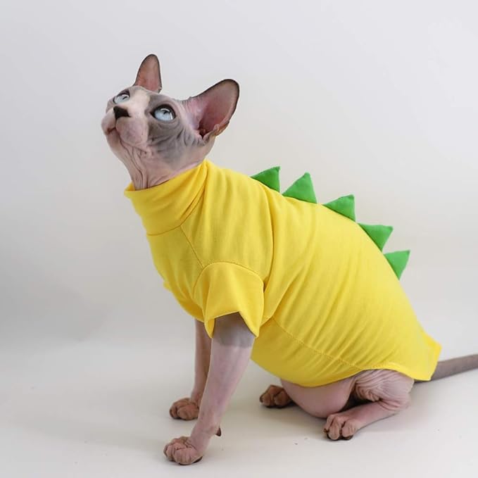 Dinosaur Design Sphynx Hairless Cat Clothes Cute Breathable Summer Cotton Shirts Cat Costume Pet Clothes,Round Collar Kitten T-Shirts with Sleeves, Cats & Small Dogs Apparel (XL (9-12 lbs), Yellow)