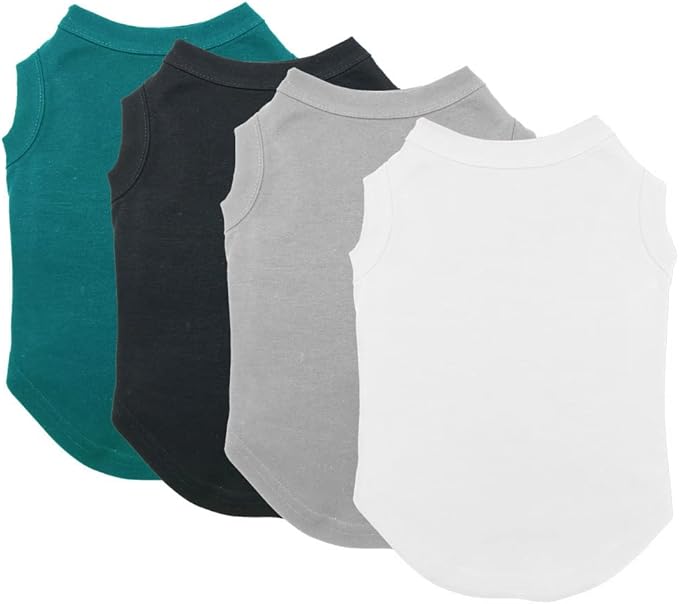 Chol&Vivi Dog T-Shirt Clothes, 4pcs Blank Dog Shirts Cotton Clothes Sleeveless Fit for Small to Extra Large Size, Pet Tank Top for All Breeds, Soft and Breathable, Black/Grey/White/Dark Green, Small