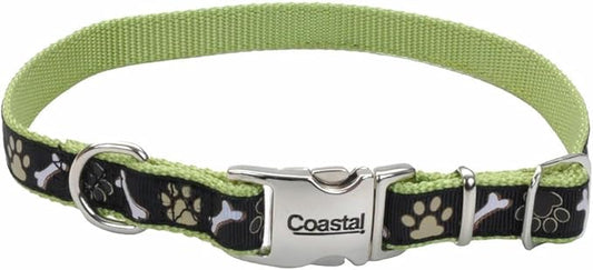 Coastal Pet - Ribbon - Adjustable Dog Collar with Metal Buckle, Brown Paws and Bones, 5/8" x 12"-18"