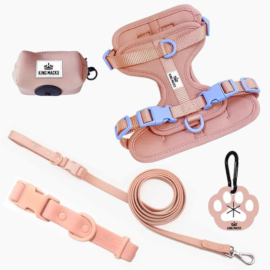 King Macks Dog Harness Set with Collar and Leash, Waste Bag Holder and Dirty Waste Bag Clip, Adjustable for Small/Medium/Large Dogs, Lightweight (Pink Sands with Blue, Large)