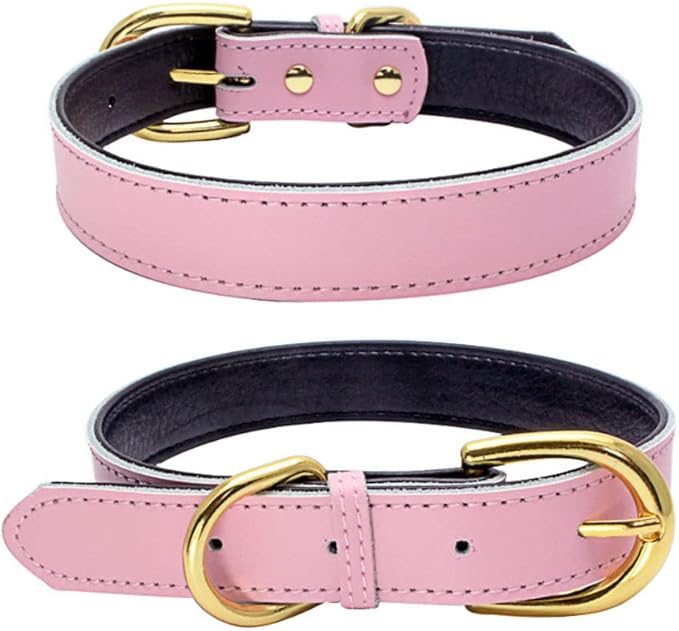 Genuine Leather Dog Collar with Airtag Holder, Soft Real Cowhide Two-Tone Padded, Gold Buckle Durable Pet Cat Collars Adjustable for Small Medium Large Hound Terrier Puppy, Pink S