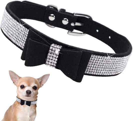 Rhinestone Dog Collar with Bow Tie, Cute Knot Crystal Bling Diamond Glitter Puppy Collars for XXS XS Small Medium Large Pet Girls Dogs Female Cats, Black XSmall