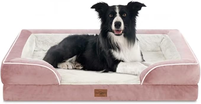 Comfort Expression Large Dog Beds Waterproof Orthopedic Foam Dog Beds for Large Dogs Sofa Comfy Pet Bed with Non-Slip Bottom & Washable Removable Cover(Pink)