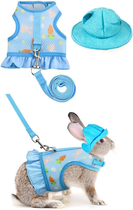 Breathable Small Animal Harness Leash & Hat Set - Adjustable Velcro, 3 Colors - Escape-Proof Vest for Bunny, Chinchilla, Guinea Pig, Hamster for All Seasons