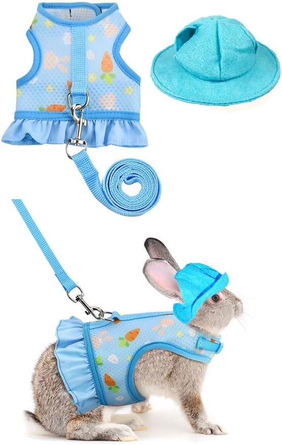 Breathable Small Animal Harness Leash & Hat Set - Adjustable Velcro, 3 Colors - Escape-Proof Vest for Bunny, Chinchilla, Guinea Pig, Hamster for All Seasons