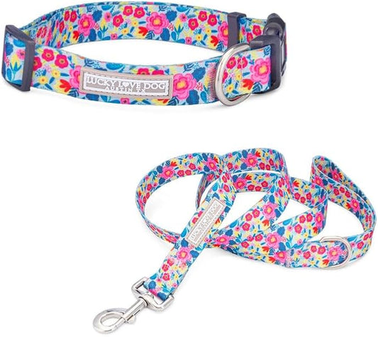 Lucky Love Dog - Adjustable Dog Collar and Leash Set with Easy Click Buckle for Small to Large Dogs, Durable, & Comfortable Collar for Male & Female Dogs, Puppies & Adult Ones - Valentina Combo, Large