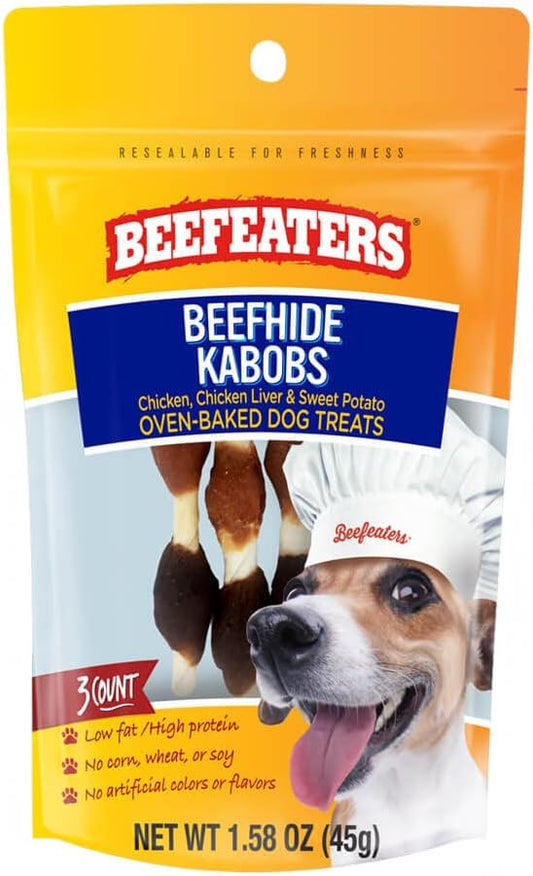 Beefeaters Beefhide Kabobs 1.58oz – (12 Pack) Dog Treat. Triple Flavor with Real Chicken, Liver & Sweet Potato, Long-Lasting Chew, Supports Dental Health, Ideal for Training
