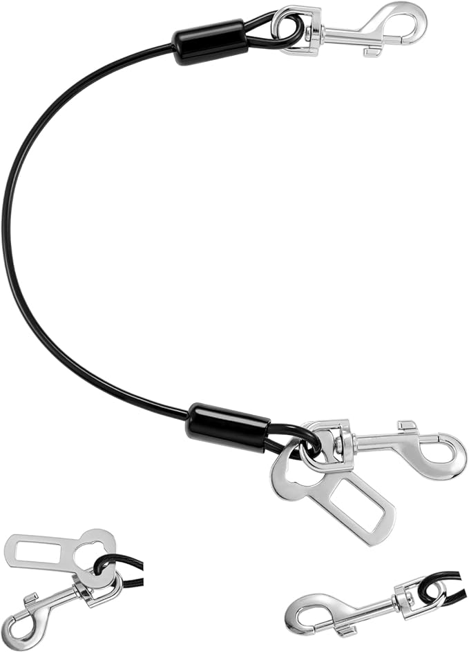 Dog Seat Belt for Car, 32" Chew-Proof Coated Wire Dog Car Leash Seat Belt, Dog Leash with Buckles and Latch, Safety Harness for Small, Medium, Large Dog or Cat, Travel, Black, 1 Pack