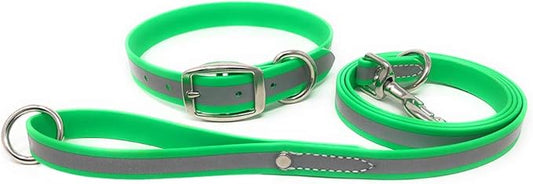 Regal Dog Products Medium Lime Green Reflective Dog Collar and Leash Set - Waterproof Biothane Dog Collar with Heavy Duty Double Buckle, D Ring & 5ft Leash - Other Size for Medium & Large Dog