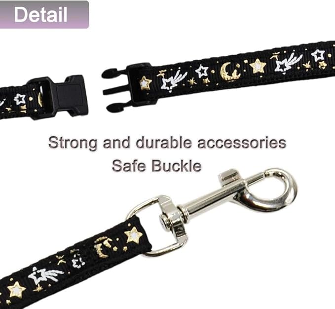 Cat Harness and Leash Set for Outdoor Walking Escape Proof Adjustable Soft Safety Strap with Golden Star and Moon Design Glow in The Dark Black