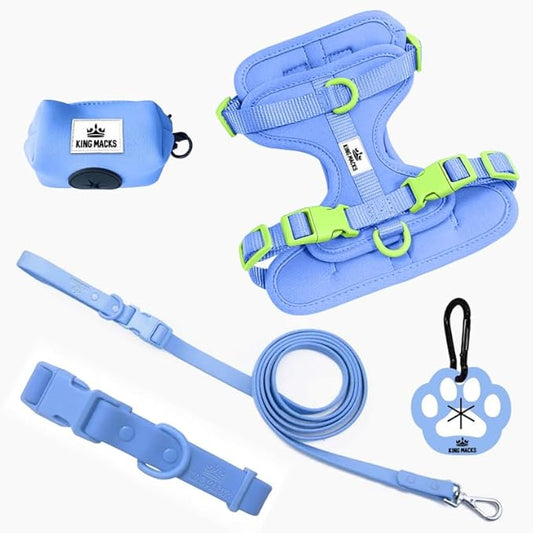King Macks Dog Harness Set with Collar and Leash, Waste Bag Holder and Dirty Waste Bag Clip, Adjustable for Small/Medium/Large Dogs, Lightweight (Blue with Green, Large)