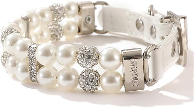 Dog Collars with Pearls, Beaded Cat Collar Pu Leather Puppy Necklace with Crystal Rhinestone Diamond for Girl Kitten XXSmall Small Medium Female Dogs Jewelry Wedding & Birthday Party, M, White