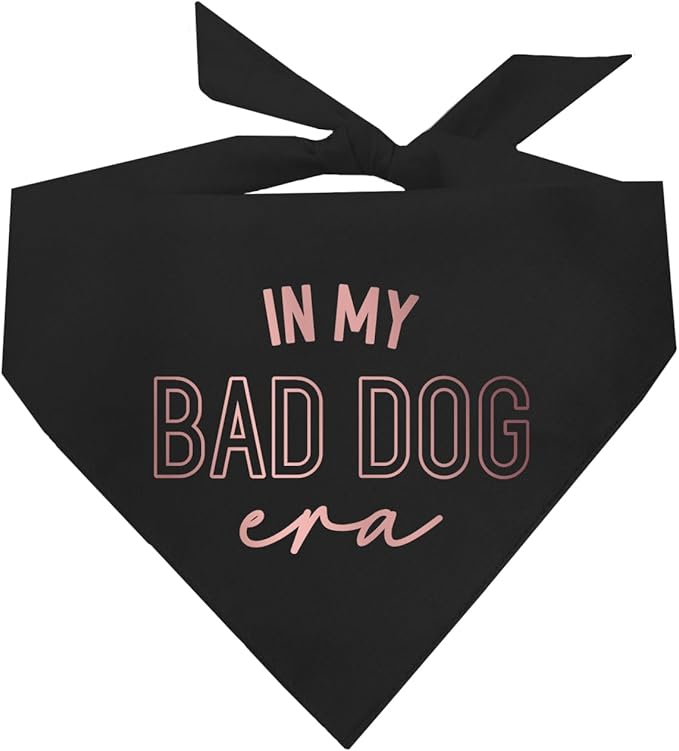 in My Bad Dog Era Metallic Printed Dog Bandana | 100% Cotton Adjustable Triangle | Trendy Pet Accessory | Bold Pups | Funny |Black, Rose Foil (1326)