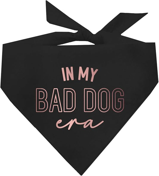 in My Bad Dog Era Metallic Printed Dog Bandana | 100% Cotton Adjustable Triangle | Trendy Pet Accessory | Bold Pups | Funny |Black, Rose Foil (1326)